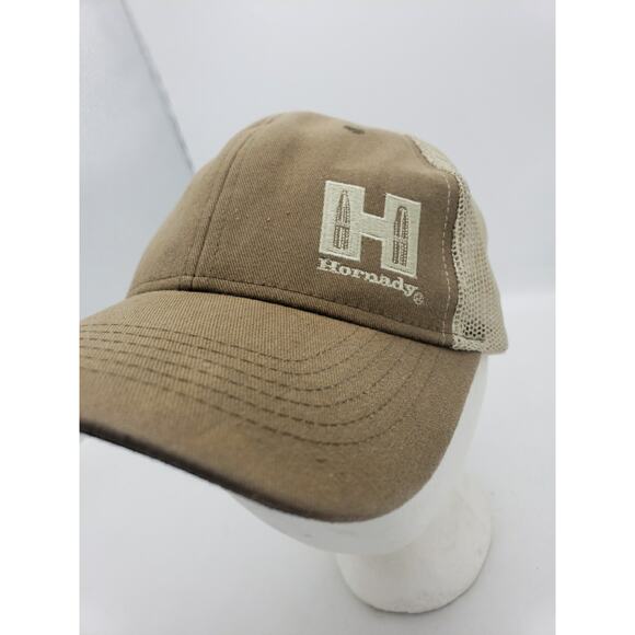 Hornady Logo 6-panel Snapback Truckers Hat Adjustable Reloading Cap Brown Beige - Picture 2 of 13